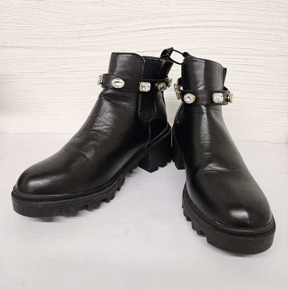 Nicole Miller Jewel Studded Vegan Leather Platform Chelsea Boots in Black Sz 9.5 - Picture 1 of 8